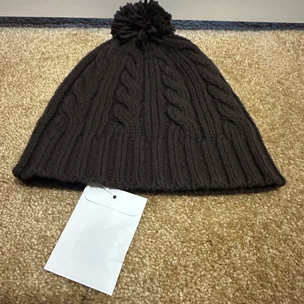 Lands' End Dark Brown Cable Knit Pom-Pom Hat